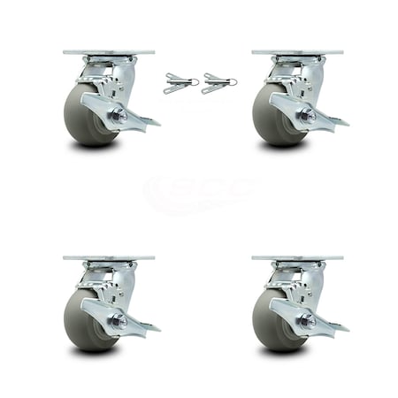 Service Caster 4 Inch Thermoplastic Rubber Caster Set with Ball Bearings 4 Brake 2 Swivel Lock SCC-30CS420-TPRBD-TLB-BSL-2-TLB-2